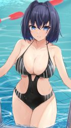 Rule 34 | 1girl, blue eyes, blue hair, blush, breasts, cleavage, collarbone, hair intakes, highres, hololive, hololive english, large breasts, looking at viewer, one-piece swimsuit, ouro kronii, pool, short hair, shuuzo3, solo, swimsuit, thighs, virtual youtuber, wading, wet