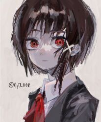 Rule 34 | 1girl, asymmetrical hair, black jacket, brown hair, closed mouth, grey background, hair ornament, hairclip, highres, iwakura lain, jacket, looking at viewer, neckerchief, oqo 808, portrait, red eyes, red neckerchief, ringed eyes, serial experiments lain, shirt, short hair, signature, simple background, single sidelock, solo, white shirt, x hair ornament