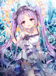 Rule 34 | 1girl, :d, armlet, blush, bracelet, choker, collarbone, cowboy shot, dress, euryale (fate), fate/hollow ataraxia, fate (series), floating hair, flower, hair flower, hair ornament, hairband, jewelry, lolita hairband, long hair, necklace, open mouth, purple hair, red eyes, sleeveless, sleeveless dress, smile, solo, standing, strapless, strapless dress, thighlet, twintails, very long hair, white dress, white flower, zenyu