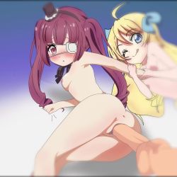 Rule 34 | 2girls, animated, anus, arm grab, ass, bed sheet, blonde hair, blue eyes, blush, bouncing breasts, breasts, disembodied penis, eyepatch, hanazono yurine, hat, hyperlolicrisis, jashin-chan, jashin-chan dropkick, looking at viewer, looking back, looping animation, medium breasts, multiple girls, nipples, nude, one eye closed, open mouth, penis, pussy, red hair, seductive smile, sex, sheet grab, small breasts, smile, tagme, thighs, tongue, tongue out, twintails, uncensored, vaginal, video