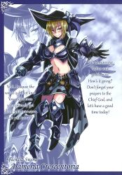 Rule 34 | 1girl, alameria crescentria, armor, armored boots, armored skirt, bikini armor, blonde hair, boots, breastplate, breasts, character name, dhampir, dhampir (monster girl encyclopedia), dhampir alameria, english text, feathers, female focus, full body, gauntlets, half-human, half-undead, hat, hat feather, highres, jacket, kenkou cross, large breasts, military, mixed species, monster girl, monster girl encyclopedia, monster girl encyclopedia ii, monster girl encyclopedia world guide side ii: salvarision: the fallen knights of lescatie, multicolored hair, navel, official art, open clothes, open jacket, pale skin, revealing clothes, skirt, slit pupils, streaked hair, sword, undead, vampire, warrior, weapon, zoom layer