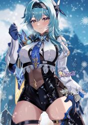 Rule 34 | 1girl, black hairband, black shorts, black thighhighs, blue gloves, blue hair, blue necktie, breasts, commentary request, cowboy shot, eula (genshin impact), felielle, genshin impact, gloves, gluteal fold, hairband, hand up, high-waist shorts, long hair, looking at viewer, medium breasts, necktie, outdoors, shirt, short shorts, shorts, skindentation, solo, standing, thighhighs, thighs, white shirt, yellow eyes