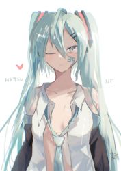 Rule 34 | 1girl, bare shoulders, blush, closed mouth, green hair, hane (kakuhane), hatsune miku, headphones, highres, necktie, one eye closed, open clothes, solo, vocaloid