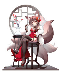 Rule 34 | 1girl, absurdres, animal ear fluff, animal ears, arm support, black thighhighs, blush, breasts, bridal gauntlets, brown hair, chinese commentary, cleavage, cleavage cutout, closed mouth, clothing cutout, commentary request, copyright request, dress, fox ears, fox tail, full body, hair between eyes, hand fan, hand up, high heels, highres, holding, holding fan, kitsune, long hair, looking at viewer, medium breasts, multiple tails, on chair, petals, plant, potted plant, qiuyueruona, red dress, red eyes, red footwear, shoe dangle, short eyebrows, simple background, sitting, sleeveless, sleeveless dress, smile, solo, star-shaped pupils, star (symbol), stool, symbol-shaped pupils, table, tail, thick eyebrows, thigh strap, thighhighs, white background, window, wooden floor