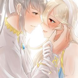 Rule 34 | 1boy, 1girl, blush, brown eyes, corrin (female) (fire emblem), corrin (fire emblem), couple, eye contact, fire emblem, fire emblem fates, gloves, hair between eyes, hair ribbon, hairband, hand on another&#039;s cheek, hand on another&#039;s face, hetero, imminent kiss, jewelry, long hair, looking at another, nintendo, parted lips, pointy ears, ponytail, profile, red eyes, ribbon, ring, see-through, silver hair, simple background, takumi (fire emblem), wedding ring, white background, white gloves, white hairband, white ribbon, yori (a a yori)