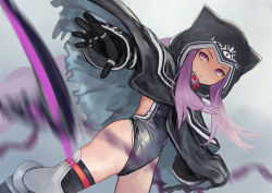 Rule 34 | 1girl, animal hood, black cape, black capelet, black cloak, black leotard, cape, capelet, cloak, collar, fate/grand order, fate (series), highres, hood, hood up, hooded capelet, hooded cloak, leotard, long braid, medusa (fate), medusa (lancer) (fate), medusa (rider) (fate), numaduke, red collar, rider, scythe, solo, thighhighs