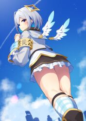 Rule 34 | 1girl, amane kanata, amane kanata (1st costume), armband, black skirt, blue hair, blue sky, blue socks, blush, closed mouth, cloud, colored inner hair, commentary request, day, feathered wings, fragir, from below, grey hair, halo, hands up, highres, hololive, lens flare, long sleeves, looking at viewer, looking back, medium hair, mini wings, multicolored hair, outdoors, own hands clasped, own hands together, purple eyes, sailor collar, shirt, single hair intake, skirt, sky, smile, socks, solo, standing, star halo, thighs, virtual youtuber, white sailor collar, white shirt, wings, yellow armband, yellow halo