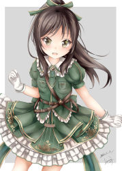 Rule 34 | 1girl, bow, brown eyes, brown hair, collared shirt, commentary request, dakkusu, dated, frilled shirt collar, frilled skirt, frills, gloves, green bow, green jacket, green skirt, grey background, hair bow, highres, idolmaster, idolmaster cinderella girls, jacket, long hair, looking at viewer, open mouth, pleated skirt, ponytail, puffy short sleeves, puffy sleeves, shirt, short sleeves, signature, skirt, solo, tachibana arisu, teeth, two-tone background, upper teeth only, white background, white gloves, white shirt