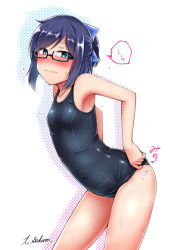 Rule 34 | 1girl, a-chan (hololive), adjusting clothes, adjusting swimsuit, aqua eyes, black-framed eyewear, black one-piece swimsuit, blue hair, blue headwear, blush, bow, breasts, commentary request, cowboy shot, embarrassed, glasses, hair bow, highres, hololive, one-piece swimsuit, school swimsuit, sekino takehiro, short hair, simple background, small breasts, solo, standing, swept bangs, swimsuit, virtual youtuber, white background