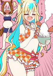 Rule 34 | 2girls, ahoge, animal ears, armlet, arms up, bead necklace, beads, bikini, bloated, blonde hair, blue hair, bow, bowl, braid, carrot, closed eyes, closed mouth, colored inner hair, commentary, cosplay, cowboy shot, ear bow, french braid, frilled bikini, frills, gradient hair, hair between eyes, highres, horse ears, horse girl, horse tail, jewelry, long hair, multicolored hair, multiple girls, navel, necklace, open mouth, orange bikini, plaid, plaid bikini, purple bow, rice, rice bowl, special week (hopping vitamin heart) (umamusume), special week (umamusume), special week (umamusume) (cosplay), streaked hair, striped, striped bow, swimsuit, tail, thigh strap, umamusume, wahiko (black bastard), white hair, x navel
