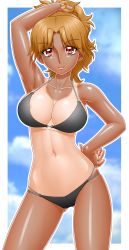 Rule 34 | 1girl, absurdres, armpits, bikini, black bikini, blonde hair, breasts, brown hair, cleavage, contrapposto, delica, hand on own hip, highres, large breasts, looking at viewer, navel, original, ponytail, red eyes, shiny skin, skindentation, smile, solo, standing, swimsuit, tan, tanline