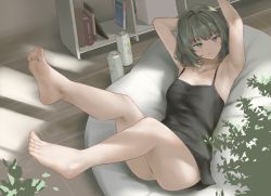 Rule 34 | 1girl, armpits, arms up, bare legs, barefoot, beer can, black camisole, bob cut, book, camisole, can, collarbone, cushion, den (kur0 yuki), drink can, feet, green hair, heterochromia, idolmaster, idolmaster cinderella girls, indoors, legs up, light smile, looking at viewer, lying, mole, mole under eye, on back, panties, soles, solo, takagaki kaede, toes, underwear, white panties
