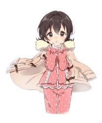 Rule 34 | 10s, 1girl, :o, akagi miria, black hair, blush, brown eyes, buttons, caracorn, highres, idolmaster, idolmaster cinderella girls, jacket, jacket on shoulders, long sleeves, looking at viewer, open mouth, pajamas, polka dot, polka dot pajamas, short hair, simple background, solo, standing, white background, winter clothes