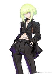 Rule 34 | alternate costume, black jacket, black pants, choker, formal, green hair, hands in pockets, jacket, jewelry, lee999nine, lio fotia, pants, parted lips, partially unbuttoned, promare, purple eyes, short hair, sidelocks, simple background, solo, standing, stomach, suit, unbuttoned, white background