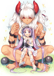 Rule 34 | 1boy, 1girl, :&gt;, :d, arm up, asterios (fate), ball and chain restraint, bare shoulders, black sclera, blush, bug, butterfly, colored sclera, commentary, dark skin, earrings, euryale (fate), euryale (third ascension) (fate), fate/grand order, fate (series), food, food on face, full body, hairband, horns, insect, jewelry, lolita hairband, long hair, onigiri, open mouth, purple eyes, purple hair, red eyes, sazaki ichiri, scar, single earring, sitting, sitting on lap, sitting on person, size difference, smile, twintails, very long hair, white hair