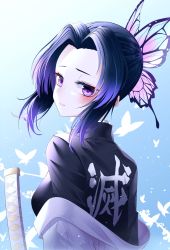 Rule 34 | 1girl, black jacket, blue hair, blush, bug, butterfly, butterfly hair ornament, closed mouth, from side, hair intakes, hair ornament, haori, highres, insect, jacket, japanese clothes, kanzi, kimetsu no yaiba, kochou shinobu, looking at viewer, looking back, purple eyes, short hair with long locks, sidelocks, solo, sword, upper body, weapon
