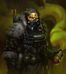 Rule 34 | 1boy, apex legends, black jacket, blackheart caustic, caustic (apex legends), colored smoke, commentary, english commentary, explosive, fur-trimmed jacket, fur trim, colored smoke, grenade, grey hair, hair slicked back, highres, holding, holding grenade, jacket, male focus, mask, mitch miller, official alternate costume, smoke, smoke grenade, solid eyes, white eyes
