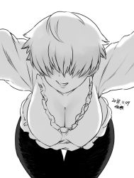 Rule 34 | 1girl, blouse, blush, breasts, cleavage, dated, downblouse, greyscale, hair over eyes, hanging breasts, large breasts, leaning forward, lips, looking at viewer, monochrome, original, pants, pov, shirt, short hair, smile, solo, thigh gap, tsukudani (coke-buta)
