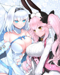Rule 34 | 2girls, animal ear fluff, animal ears, argyle, argyle cutout, bare shoulders, black bow, blue bow, blue eyes, blue ribbon, blush, bow, breasts, cat ears, cat girl, cleavage, clothing cutout, collared shirt, corset, detached collar, detached sleeves, dobrynya nikitich (fate), dobrynya nikitich (second ascension) (fate), dress, dress shirt, fate/grand order, fate (series), fox tail, fur trim, glasses, hair between eyes, hair bow, hairband, hazuki-a, highres, koyanskaya (assassin) (second ascension) (fate), koyanskaya (fate), large breasts, long hair, long sleeves, low ponytail, multiple girls, navel, pantyhose, pink hair, rabbit ears, ribbon, shirt, short dress, sidelocks, tail, tamamo (fate), twintails, underbust, white dress, white hair, white pantyhose, white shirt, yellow eyes