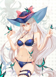 Rule 34 | 1girl, absurdres, alternate costume, arknights, artist request, bikini, blue bikini, blue butterfly, blue hat, bow, breasts, bug, butterfly, butterfly on hand, cowboy shot, hat, hat bow, highres, insect, kongshushiwo, long hair, looking at viewer, medium breasts, pink bow, red eyes, silver hair, simple background, skadi (arknights), solo, standing, swimsuit, tan, tanline, thigh strap, very long hair, white background