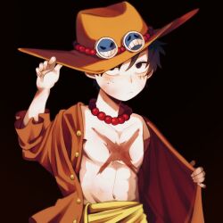 Rule 34 | 1boy, black background, black eyes, black hair, commentary request, daji1201, hat, highres, jewelry, looking at viewer, male focus, monkey d. luffy, necklace, no shirt, one piece, scar, scar on chest, scar on face, solo