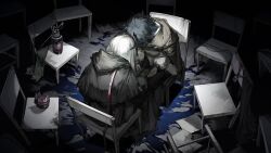 Rule 34 | 1boy, 1girl, arknights, black coat, black hair, blood, blood on ground, blue blood, blue hair, broken glass, chair, chinese commentary, coat, commentary request, dongsheng, facing away, feather hair, film grain, glass, highres, hood, hooded coat, id card, indoors, irene (arknights), lantern, lanyard, long hair, long sleeves, looking down, lumen (arknights), mixed-language commentary, rapier, shirt, skeletal hand, sword, weapon, white hair, white shirt
