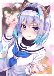 Rule 34 | 3girls, animal ears, black hairband, black shirt, blue eyes, blue hair, blue neckerchief, blurry, blurry background, blush, cat ears, cat girl, cat tail, commentary request, depth of field, extra ears, fang, frown, gradient hair, hair intakes, hair ornament, hairband, hands up, highres, kemonomimi mode, looking at viewer, multicolored hair, multiple girls, neckerchief, parted lips, paw pose, rouka (akatyann), ryuuou no oshigoto!, sailor collar, school uniform, shirt, short hair, sidelocks, silver hair, snowflake hair ornament, solo focus, sora ginko, tail, undershirt, upper body, white sailor collar, white shirt
