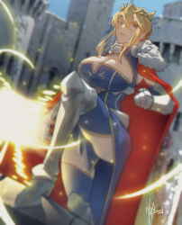 Rule 34 | 1girl, ahoge, artoria pendragon (fate), artoria pendragon (lancer) (fate), blonde hair, breasts, cape, cleavage, cleavage cutout, clothing cutout, crown, fate/grand order, fate (series), fur-trimmed cape, fur trim, gauntlets, highres, holding, holding polearm, holding weapon, lance, large breasts, looking at viewer, polearm, red cape, sleeveless, sleeveless turtleneck, solo, turtleneck, weapon, xphlln