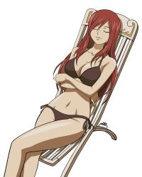 Rule 34 | 1girl, armpits, arms under breasts, barefoot, beach chair, bikini, black bikini, breasts, brown eyes, chair, cleft of venus, clenched hands, closed eyes, collarbone, crossed legs, curvy, erza scarlet, eyelashes, fairy tail, feet, female focus, fingernails, happy, highres, large breasts, legs, long hair, lying, midriff, navel, neck, outdoors, red hair, resting, shiny skin, side-tie bikini bottom, side bangs, sidelocks, simple background, smile, straight hair, summer, sunbathing, swimsuit, thighs, thighs together, third-party edit, toenails, toes, white background