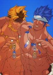 Rule 34 | 2boys, abs, arm around shoulder, bara, bare pectorals, beard, blonde hair, blue hair, blue tribe (housamo), dark-skinned male, dark skin, facial hair, facial mark, feather necklace, goatee, headband, holding, katoributa a, large pectorals, long sideburns, looking at viewer, magatama, magatama necklace, male focus, mature male, multicolored hair, multiple boys, muscular, muscular male, navel, necklace, pectorals, pointy ears, short hair, sideburns, spiked hair, stomach, tokyo houkago summoners, tribal, two-tone hair, upper body, yellow tribe (housamo)
