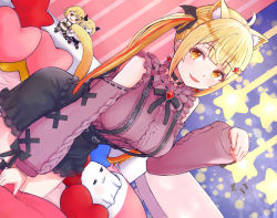 Rule 34 | 22806, :d, ahoge, animal ear fluff, animal ears, aran sweater, arm support, bare shoulders, black bow, black bowtie, black choker, black skirt, blonde hair, blunt bangs, bow, bowtie, cable knit, cat ears, character doll, choker, clothing cutout, ear piercing, extra ears, fang, hair ornament, hair ribbon, hairclip, head wings, hololive, long hair, miniskirt, nail polish, necktie, o-ring, o-ring choker, open mouth, parted lips, paw pose, piercing, pink sweater, red necktie, ribbon, short hair, shoulder cutout, skin fang, skirt, smile, star (symbol), star hair ornament, suspender skirt, suspenders, sweater, thigh strap, twintails, virtual youtuber, wing hair ornament, wings, yellow eyes, yozora mel, yozora mel (jirai kei)