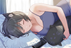 Rule 34 | 1girl, animal ear fluff, animal ears, backlighting, bare arms, bare shoulders, bed sheet, black hair, breasts, camisole, cat ears, cat-shaped pillow, cellphone, cleavage, curtains, day, closed eyes, highres, indoors, kaya8, large breasts, lying, on bed, on side, original, panties, parted lips, phone, pillow, short hair, signature, smartphone, solo, underwear, white panties