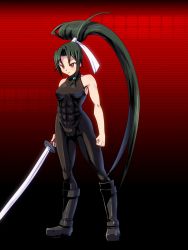 Rule 34 | 1girl, abs, arcana heart, armpits, bare shoulders, black footwear, bodysuit, boots, breasts, brown eyes, cameltoe, cleft of venus, clenched hands, covered collarbone, eyebrows, full body, green hair, hair ribbon, halterneck, holding, holding weapon, katana, knee boots, long hair, muscular, muscular female, ponytail, ribbon, rickert kai, sidelocks, sleeveless, small breasts, solo, standing, sword, tokinomiya kamui, very long hair, weapon