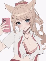 Rule 34 | 1girl, animal ears, blue eyes, blush, bow, bra, breasts, brown hair, cat ears, cleavage, collared shirt, crop top, earrings, facial mark, final fantasy, final fantasy xiv, front-tie top, hair bow, heart, heart earrings, heart necklace, highres, holding, holding phone, jewelry, kaiyoko star, lace, lace-trimmed bra, lace trim, long hair, looking at viewer, medium breasts, miqo&#039;te, necklace, necktie, open mouth, phone, ponytail, red bow, red necktie, ring, shirt, short sleeves, smile, solo, soybean (hisoybean), underwear, undone necktie, wavy hair, whisker markings