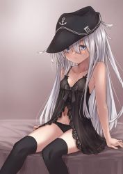 Rule 34 | 1girl, arm support, babydoll, bare arms, bare shoulders, black hat, black panties, black thighhighs, blue eyes, blush, breasts, collarbone, commentary request, flat cap, hair between eyes, hat, hibiki (kancolle), highres, kantai collection, kuuru (kuuru-n), lace, lace-trimmed panties, lace trim, lingerie, long hair, looking at viewer, navel, panties, silver hair, sitting, small breasts, solo, thighhighs, underwear