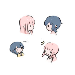 Rule 34 | 2girls, asahina yuni, blue hair, chibi, chinese commentary, closed mouth, commentary request, eye contact, haoxiangkan nutong, kyou wa kanojo ga inai kara, long hair, looking at another, medium hair, multiple girls, multiple views, open mouth, pink hair, simple background, surprised, taki fuuko, upper body, white background, wolf cut, | |