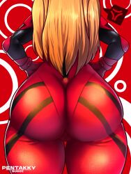 Rule 34 | 1girl, adapted costume, alternate breast size, anger vein, artist name, ass, ass focus, back, bodysuit, curvy, hair ornament, hands on own hips, highres, huge ass, legs together, long hair, neon genesis evangelion, pentakky-sugoi, plugsuit, plump, shiny clothes, simple background, skin tight, skindentation, solo, souryuu asuka langley, standing, thick thighs, thighs, tsundere, twintails, two side up, wide hips