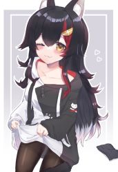 Rule 34 | 1girl, animal ears, black hair, black pantyhose, blush, brown eyes, clothes lift, hololive, hood, hoodie, hoodie lift, lifting own clothes, long hair, multicolored hair, one eye closed, ookami mio, ookami mio (casual), pantyhose, shorts, smile, tail, tail wrap, thighband pantyhose, unworn shorts, virtual youtuber, wolf ears, wolf girl