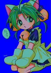 Rule 34 | 1girl, animal ears, animal hat, apron, artist name, back bow, bell, blue background, blue dress, bow, bright pupils, cat ears, cat hat, cat tail, dejiko, di gi charat, dress, green eyes, green hair, hair bell, hair intakes, hair ornament, hat, highres, jingle bell, menma (enaic31), mittens, neck bell, open mouth, short hair, simple background, speech bubble, tail, twitter username, white bow, white mittens, white pupils