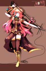 Rule 34 | blush, boots, hair over one eye, highres, ideolo, knee boots, long hair, megurine luka, microphone, microphone stand, pink hair, smile, solo, thighhighs, tongue, vocaloid