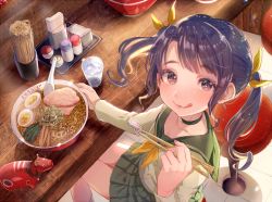 Rule 34 | 1girl, blue eyes, blush, bowl, chopsticks, cup, eating, egg, food, from above, hair ornament, hair ribbon, holding, holding bowl, holding chopsticks, ikezaki misa, in food, kamaboko, lips, long hair, low twintails, meandros, meat, narutomaki, noodles, nori (seaweed), open mouth, original, ramen, restaurant, ribbon, short twintails, skirt, smile, solo, soup, spoon, table, tongue, twintails, two side up, udon, uniform
