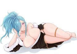 Rule 34 | 1girl, absurdres, akeno(itsnafulol), blue hair, breasts, cleavage, collarbone, feet, hair over one eye, highres, huge breasts, japanese clothes, kimono, lying, on side, pink eyes, ponytail, smile, thick thighs, thighs, thong, vanko (vank0a), wide hips, yukata