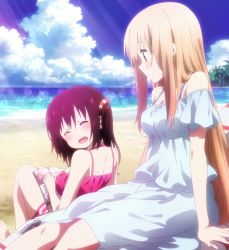 Rule 34 | 10s, 2girls, :d, ^ ^, arm support, back, bare shoulders, barefoot, beach, blonde hair, blush, breasts, chair, cleavage, closed eyes, cloud, day, doma umaru, dress, ebina nana, hair ornament, happy, head tilt, highres, himouto! umaru-chan, lens flare, light rays, light smile, long hair, looking at another, looking back, lounge chair, magazine (object), multiple girls, non-web source, ocean, open mouth, outdoors, palm tree, profile, purple hair, screencap, sideboob, sitting, sky, smile, stitched, striped, sunbeam, sundress, sunlight, third-party edit, tree, twintails, very long hair, water