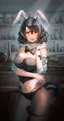 Rule 34 | 1girl, animal ears, au ra, warrior of light (ff14), bar (place), bare shoulders, black bow, black bowtie, black hair, black leotard, black pantyhose, blurry, blurry background, bottle, bow, bowtie, breasts, cleavage, covered erect nipples, cowboy shot, cup, dbeata, detached collar, detached sleeves, dragon girl, dragon horns, dragon tail, drinking glass, fake animal ears, fang, final fantasy, final fantasy xiv, hand up, highres, holding, holding cup, horns, indoors, leotard, light rays, looking at viewer, medium breasts, mug, navel, open mouth, pantyhose, playboy bunny, rabbit ears, red eyes, scales, shelf, short hair, smile, solo, standing, stool, strapless, strapless leotard, swept bangs, tail, tail wrap, wrist cuffs