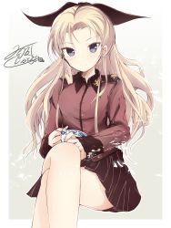 Rule 34 | 10s, 1girl, alternate hairstyle, artist logo, artist name, assam (girls und panzer), bad id, bad twitter id, beige background, black ribbon, black skirt, blonde hair, blue eyes, closed mouth, commentary, crossed legs, cup, epaulettes, getsumen suibaku ver. a(c), girls und panzer, gradient background, hair over shoulder, hair pulled back, hair ribbon, highres, holding, holding cup, jacket, light particles, long hair, long sleeves, looking at viewer, military, military uniform, miniskirt, outside border, parted bangs, pleated skirt, red jacket, ribbon, sitting, skirt, smile, solo, st. gloriana&#039;s military uniform, teacup, uniform