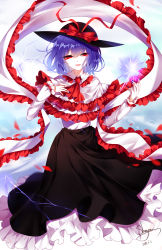 Rule 34 | 1girl, absurdres, artist name, ascot, bad id, bad pixiv id, black hat, black skirt, blue hair, blue nails, blue sky, bow, capelet, dated, electricity, frilled capelet, frilled shawl, frilled shirt collar, frills, hair between eyes, hand on own chest, hat, hat bow, hat ribbon, highres, long skirt, long sleeves, looking at viewer, nagae iku, nail polish, open mouth, petals, petticoat, red ascot, red bow, red eyes, red ribbon, ribbon, shawl, sheya, shirt, short hair, signature, skirt, sky, smile, solo, touhou, white capelet, white shirt, wing collar, wrist ribbon