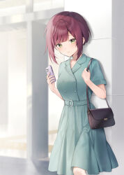 Rule 34 | 1girl, bag, black bag, blue dress, blurry, blurry background, blush, breasts, brown eyes, cellphone, closed mouth, commentary, depth of field, dress, fingernails, handbag, holding, holding phone, large breasts, looking at viewer, midorikawa you, original, phone, pleated dress, red hair, short hair, short sleeves, shoulder bag, solo, standing