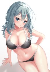 Rule 34 | 1girl, absurdres, aqua eyes, aqua hair, arm behind back, arm support, bare arms, bikini, black bikini, blush, breasts, cleavage, closed mouth, collarbone, front-tie top, hair between eyes, halterneck, highres, large breasts, leaning to the side, long hair, looking at viewer, multi-strapped bikini, navel, ncontrail (mgax7527), polka dot, riddle joker, shikibe mayu, simple background, sitting, smile, solo, swimsuit, two-tone bikini, white background, white bikini, yuzu-soft
