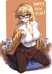 Rule 34 | 1girl, alcohol, beer, beer can, black-framed eyewear, blonde hair, blue hair, blush, breasts, brown pantyhose, brown skirt, can, cardigan, collared shirt, commentary, drink can, drunk, english commentary, full body, furi2play!, glasses, happy new year, holding, holding can, large breasts, long hair, looking at viewer, margit hartmann, new year, no shoes, nose blush, off shoulder, on floor, open cardigan, open clothes, pantyhose, partially unbuttoned, peach88, pillow, pleated skirt, shirt, sitting, skirt, sleeves past wrists, solo, wariza, white shirt, wooden floor