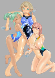 Rule 34 | 3girls, bad id, bad pixiv id, barefoot, blue eyes, breasts, closed eyes, competition swimsuit, cuddling, flat chest, green eyes, green hair, highres, large breasts, leg between thighs, long hair, lotion, multiple girls, nipples, one-piece swimsuit, original, ponytail, puffy nipples, red hair, shiny skin, shoko (moccom), short hair, swimsuit